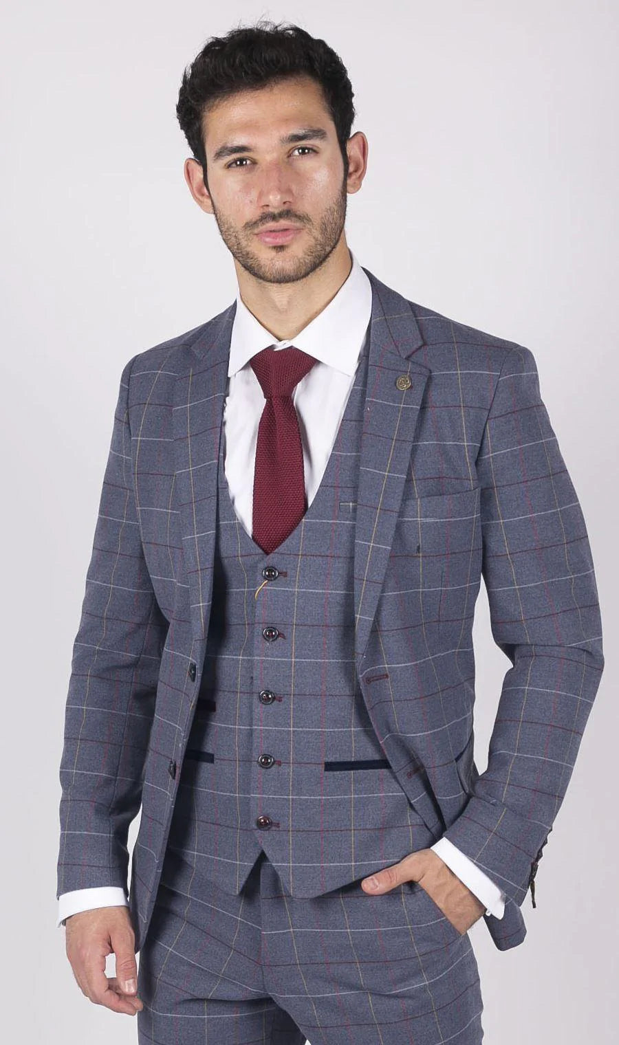 Mens Marc Darcy Blue Grey Red Check Blazer Smart Casual Tweed Slim Fit Drake