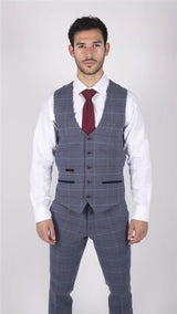 Mens Marc Darcy Blue Grey Red Check Waistcoat Smart Casual Tweed Slim Fit Drake