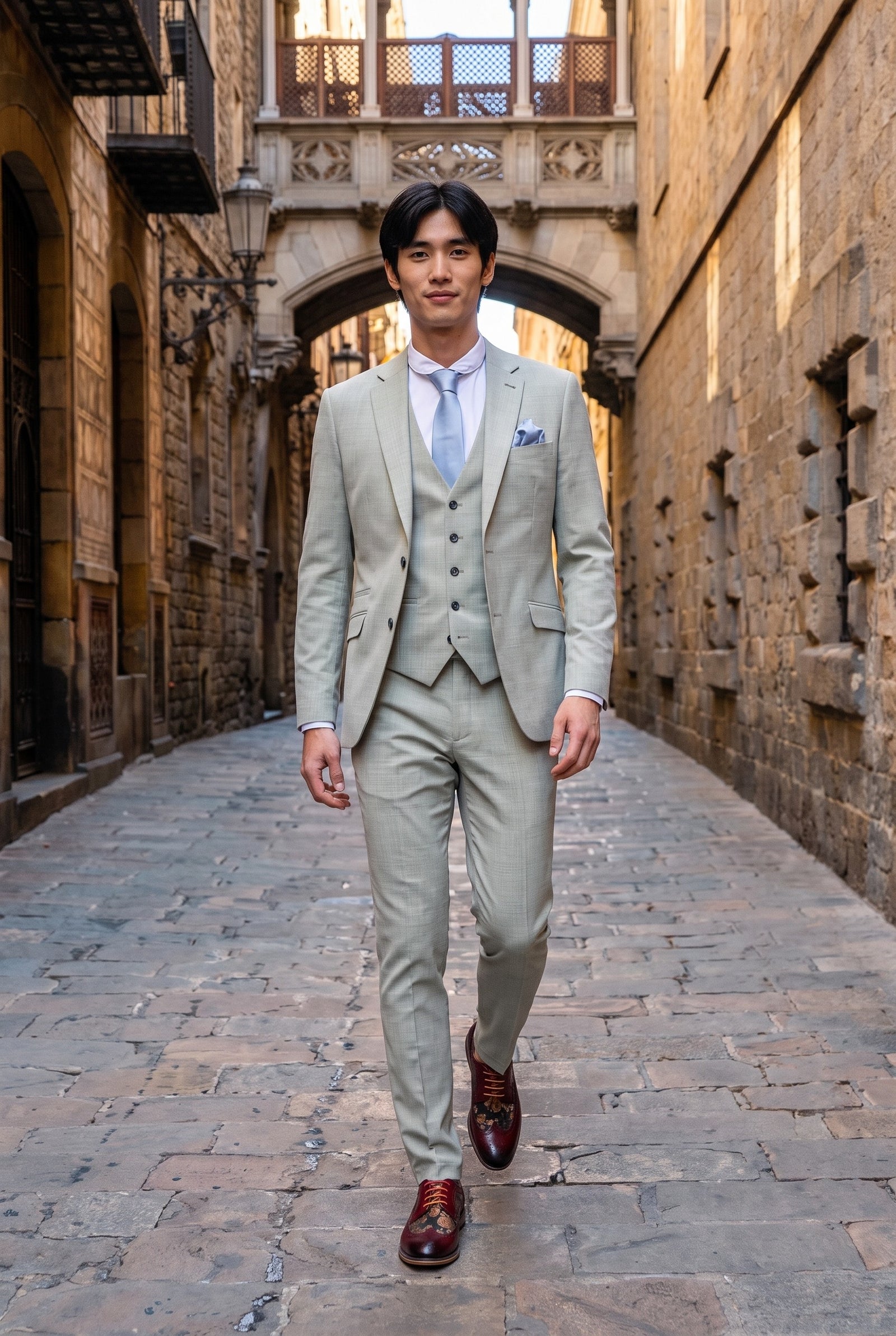 Look #238 styled with Camden - Abito da uomo su misura, 3 pezzi, verde salvia