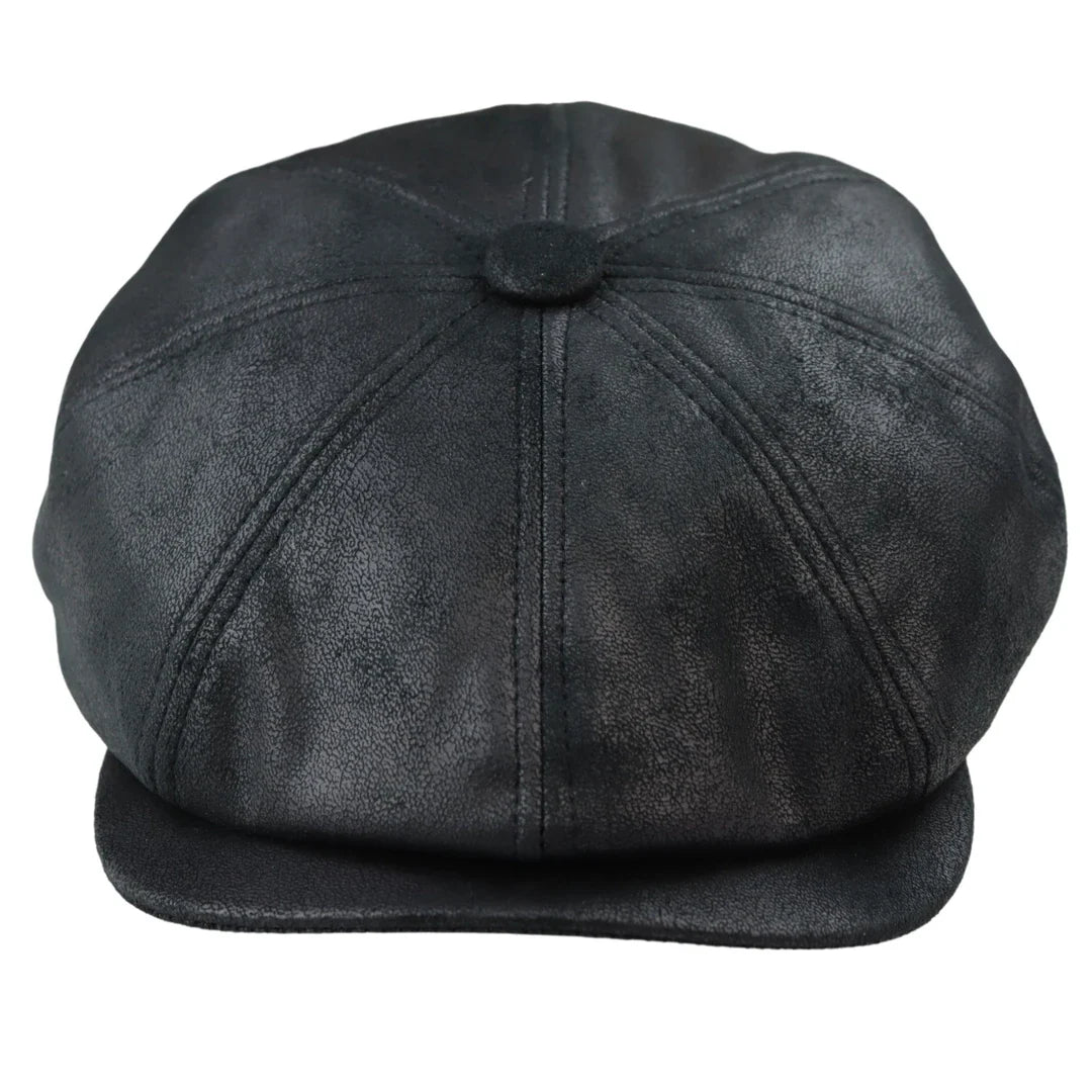 Men's 8 Panel Razor Baker Boy Hat PU Leather Blinders Newsboy Flat Cap Black