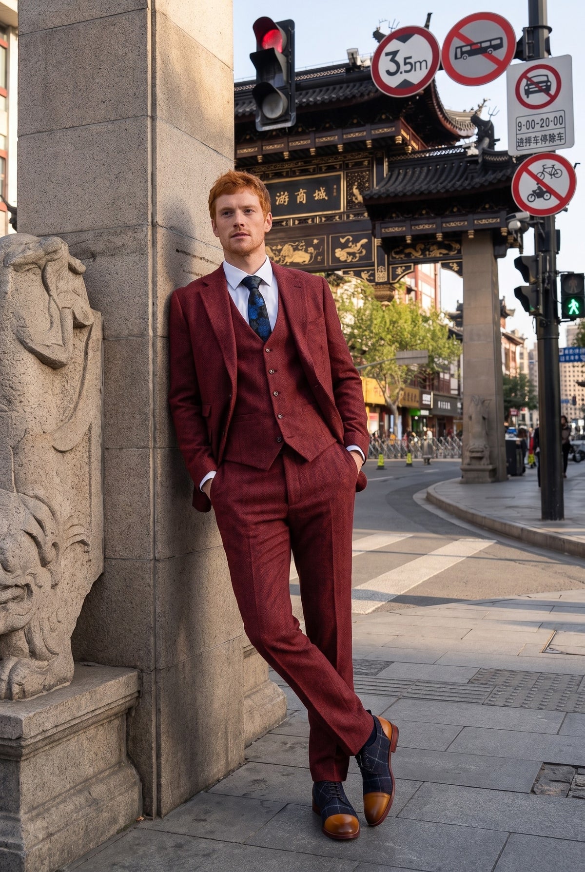 Look #271 styled with Abito da uomo in tweed a spina di pesce, 3 pezzi, color vino bordeaux - STZ11