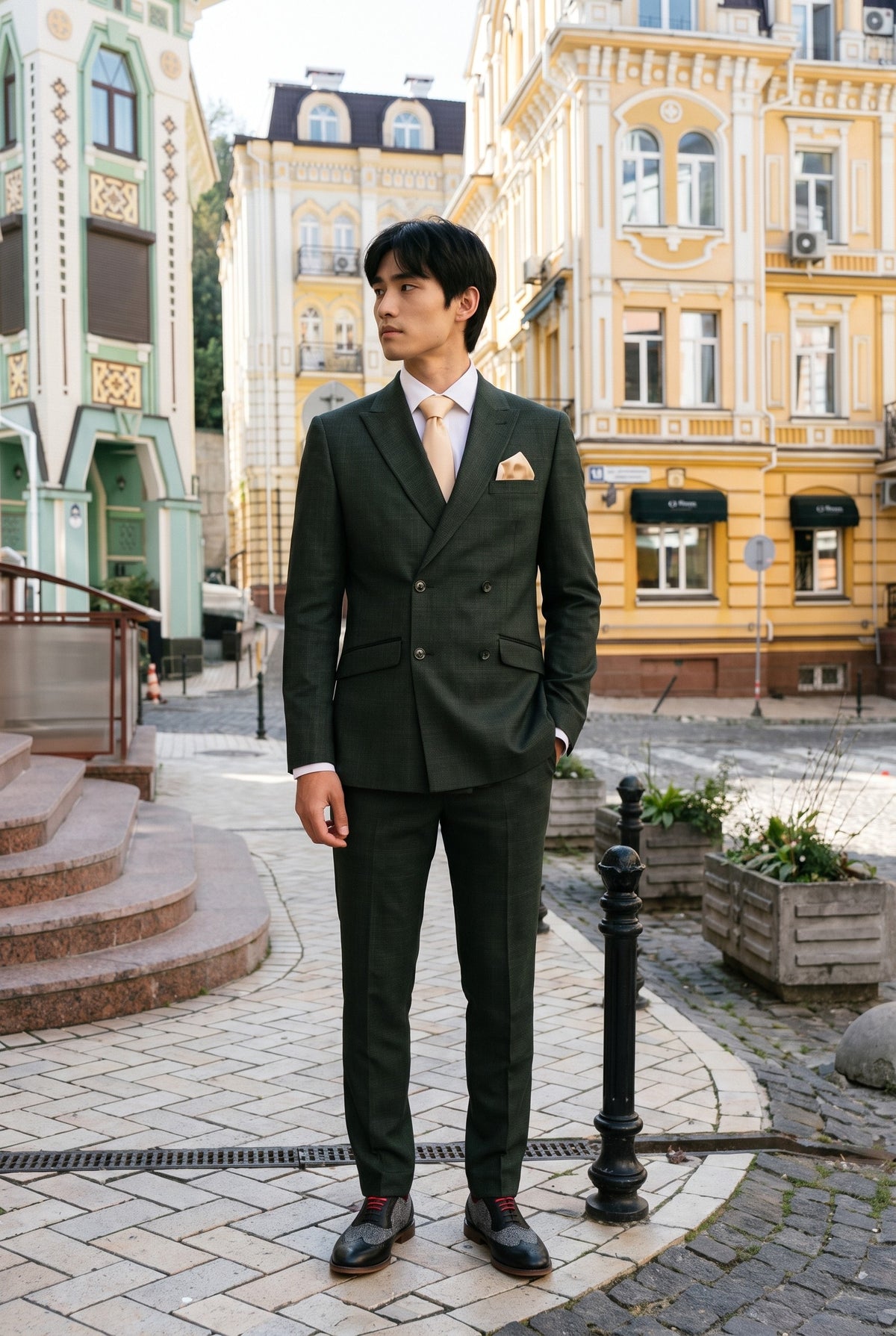 Look #780 styled with Caridi - Abito doppiopetto da uomo, 2 pezzi, verde oliva