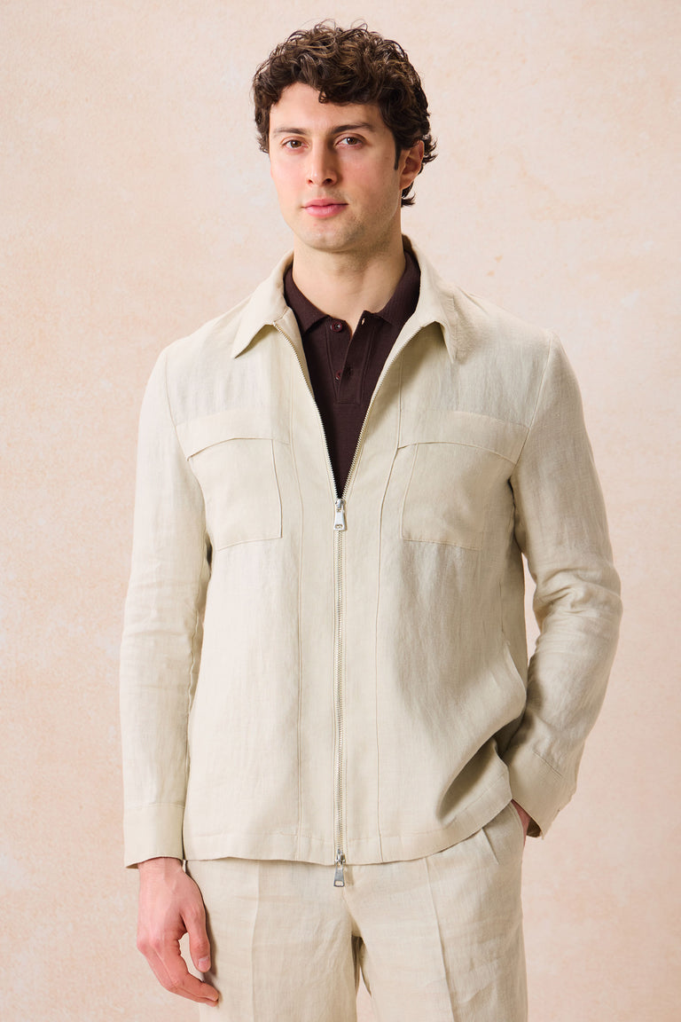 Camicia-giacca da uomo beige in lino con cerniera, leggera, ideale per l'estate.