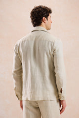 Camicia-giacca da uomo beige in lino con cerniera, leggera, ideale per l'estate.