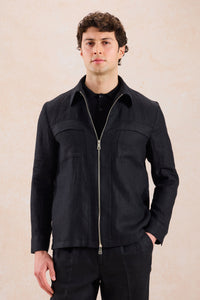 Completo da uomo in lino nero, elegante e casual, due pezzi, con cerniera frontale, stile safari, estivo.