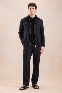 Completo da uomo in lino nero, elegante e casual, due pezzi, con cerniera frontale, stile safari, estivo.
