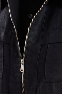 Completo da uomo in lino nero, elegante e casual, due pezzi, con cerniera frontale, stile safari, estivo.
