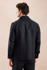 Completo da uomo in lino nero, elegante e casual, due pezzi, con cerniera frontale, stile safari, estivo.