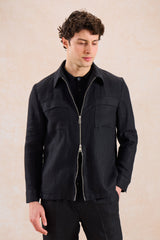 Completo da uomo in lino nero, elegante e casual, due pezzi, con cerniera frontale, stile safari, estivo.