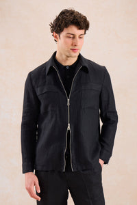 Completo da uomo in lino nero, elegante e casual, due pezzi, con cerniera frontale, stile safari, estivo.