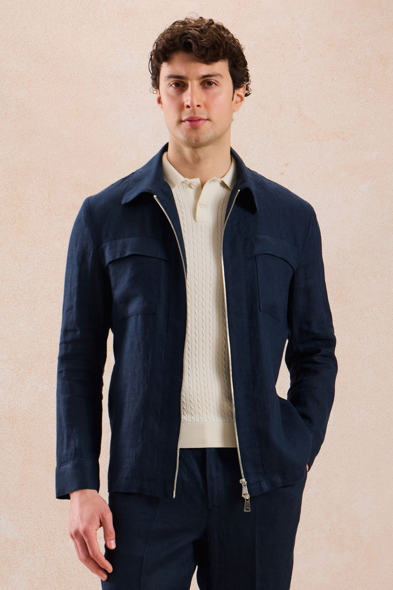 Giacca-camicia da uomo in lino blu navy con cerniera, leggera, ideale per l'estate.