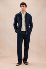 Giacca-camicia da uomo in lino blu navy con cerniera, leggera, ideale per l'estate.