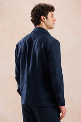 Giacca-camicia da uomo in lino blu navy con cerniera, leggera, ideale per l'estate.