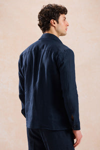 Giacca-camicia da uomo in lino blu navy con cerniera, leggera, ideale per l'estate.