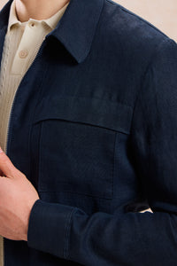 Giacca-camicia da uomo in lino blu navy con cerniera, leggera, ideale per l'estate.