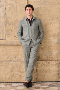 Camicia-giacca da uomo in lino verde salvia con cerniera, leggera, ideale per l'estate.