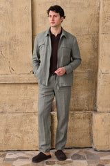 Camicia-giacca da uomo in lino verde salvia con cerniera, leggera, ideale per l'estate.