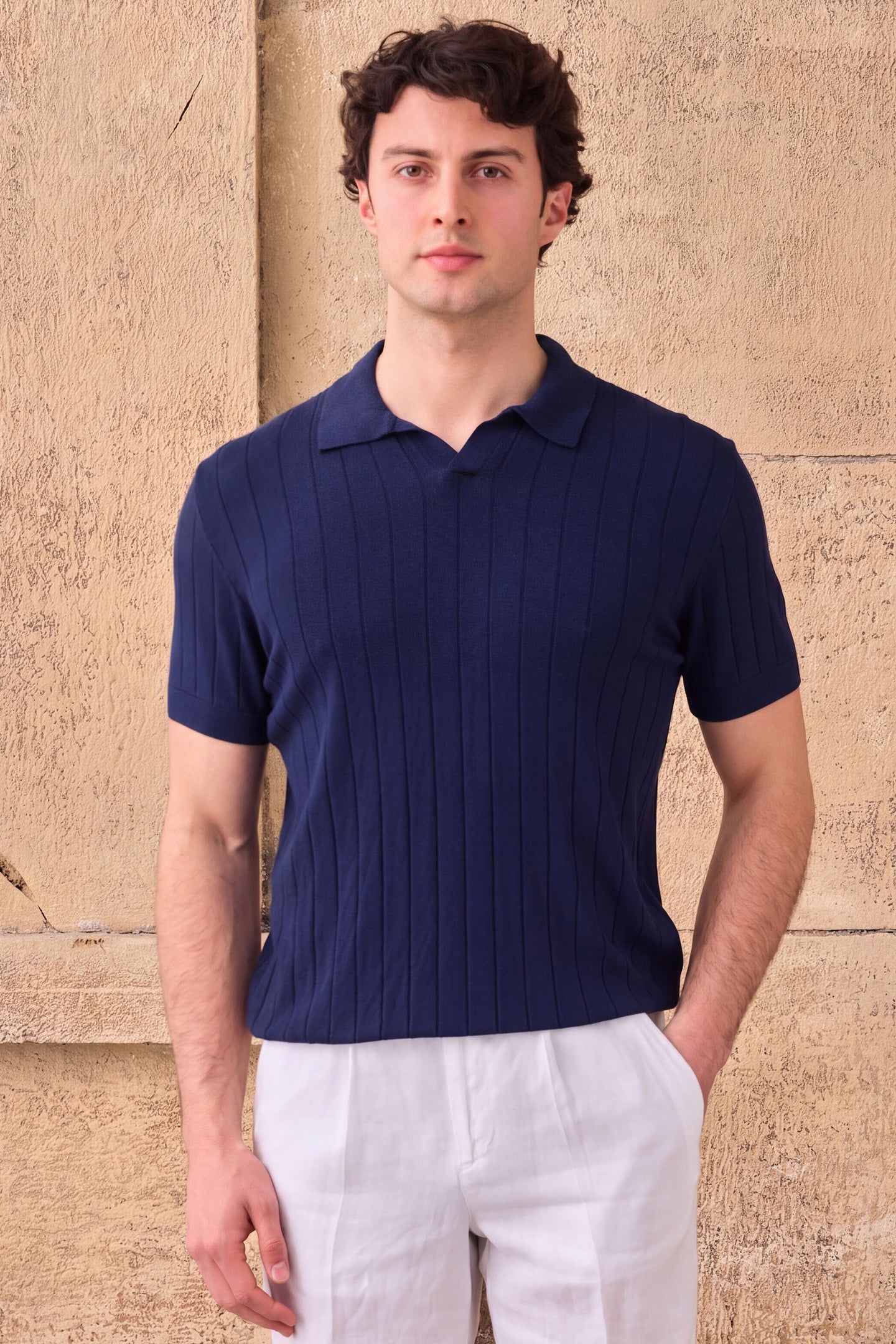 Polo da uomo a coste blu scuro