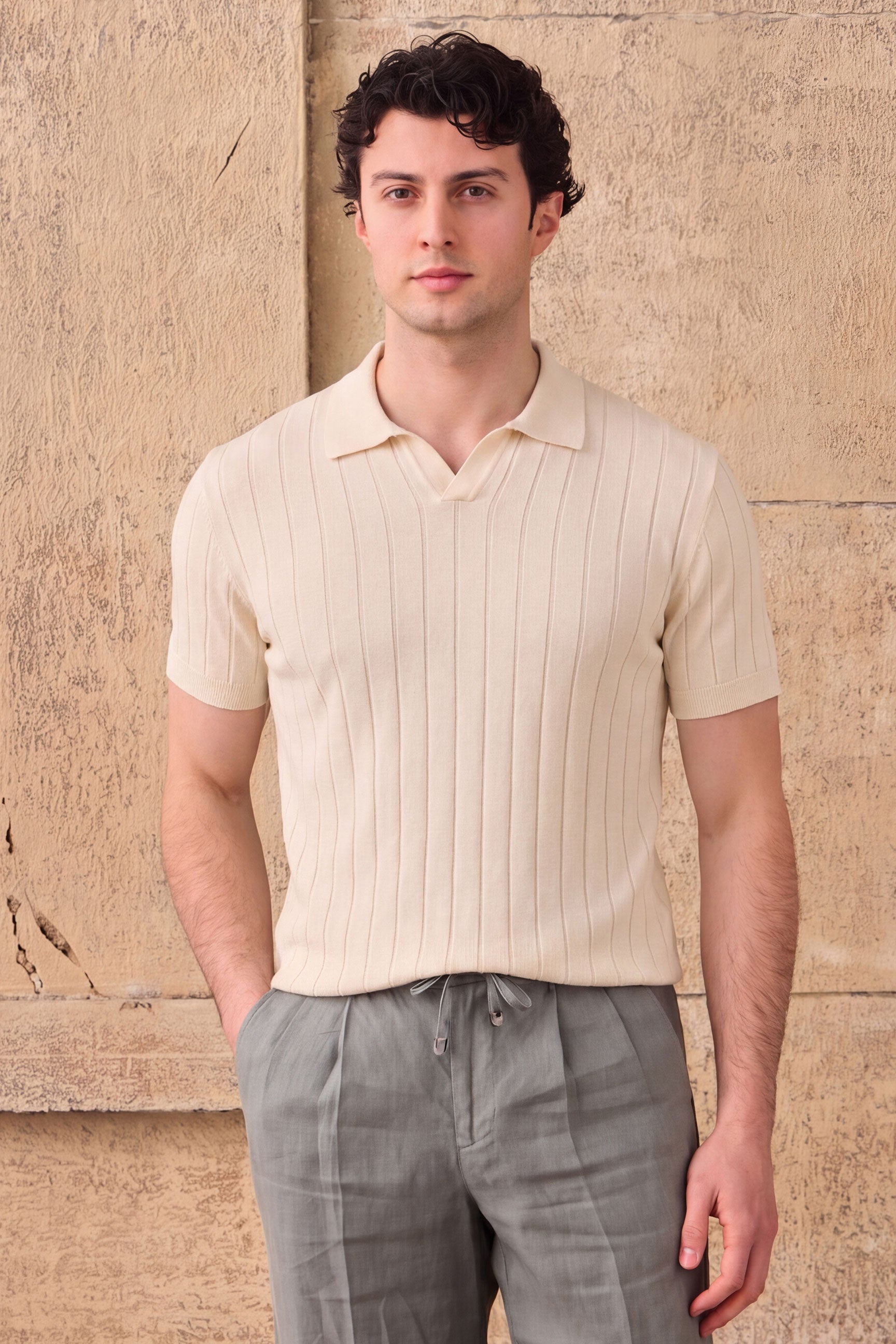 Polo da uomo a coste color crema
