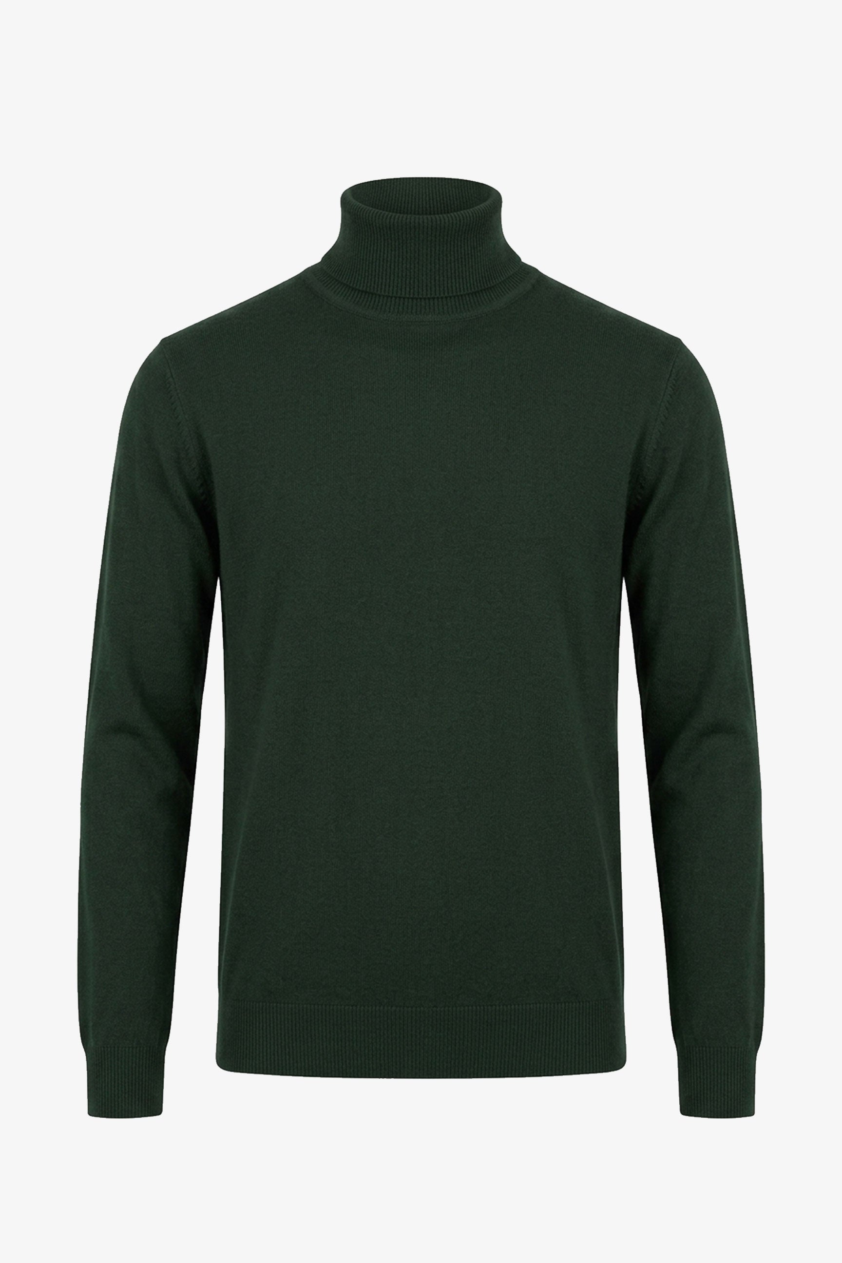 Maglione da uomo a collo alto verde, morbido, in misto viscosa, a maniche lunghe.