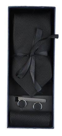 Satin Silk Textured Black Tie Gift Set Pocket Square Cuff Links Tie Matt Satin