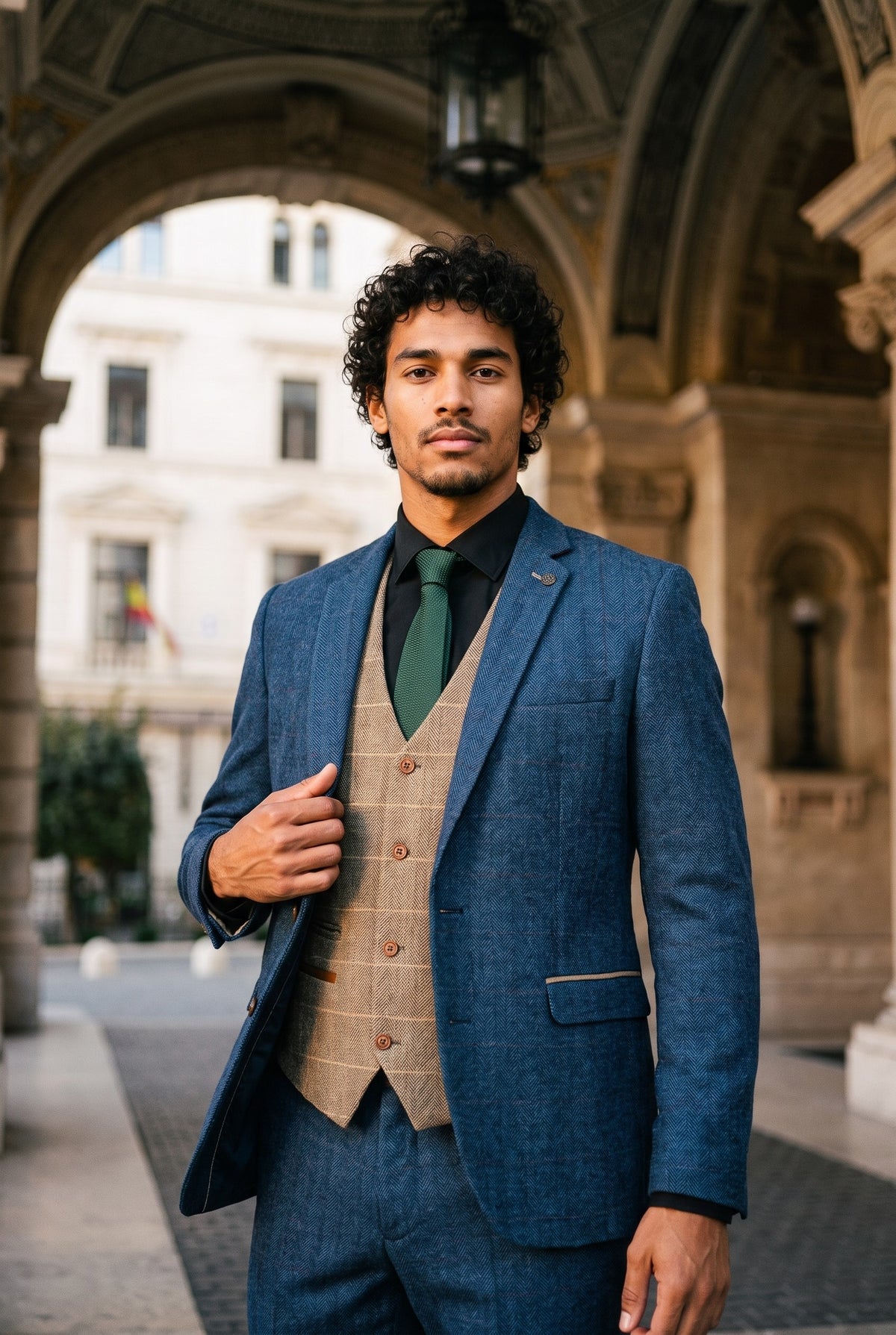 Look #984 styled with Marc Darcy Dion - Abito da uomo in tweed a spina di pesce, stile vintage, a quadri, blu e marrone chiaro, 3 pezzi