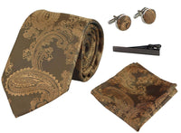 Paisley Neck Bronze Tie Gift Set Pocket Square Cuff Links Tie Floral Satin