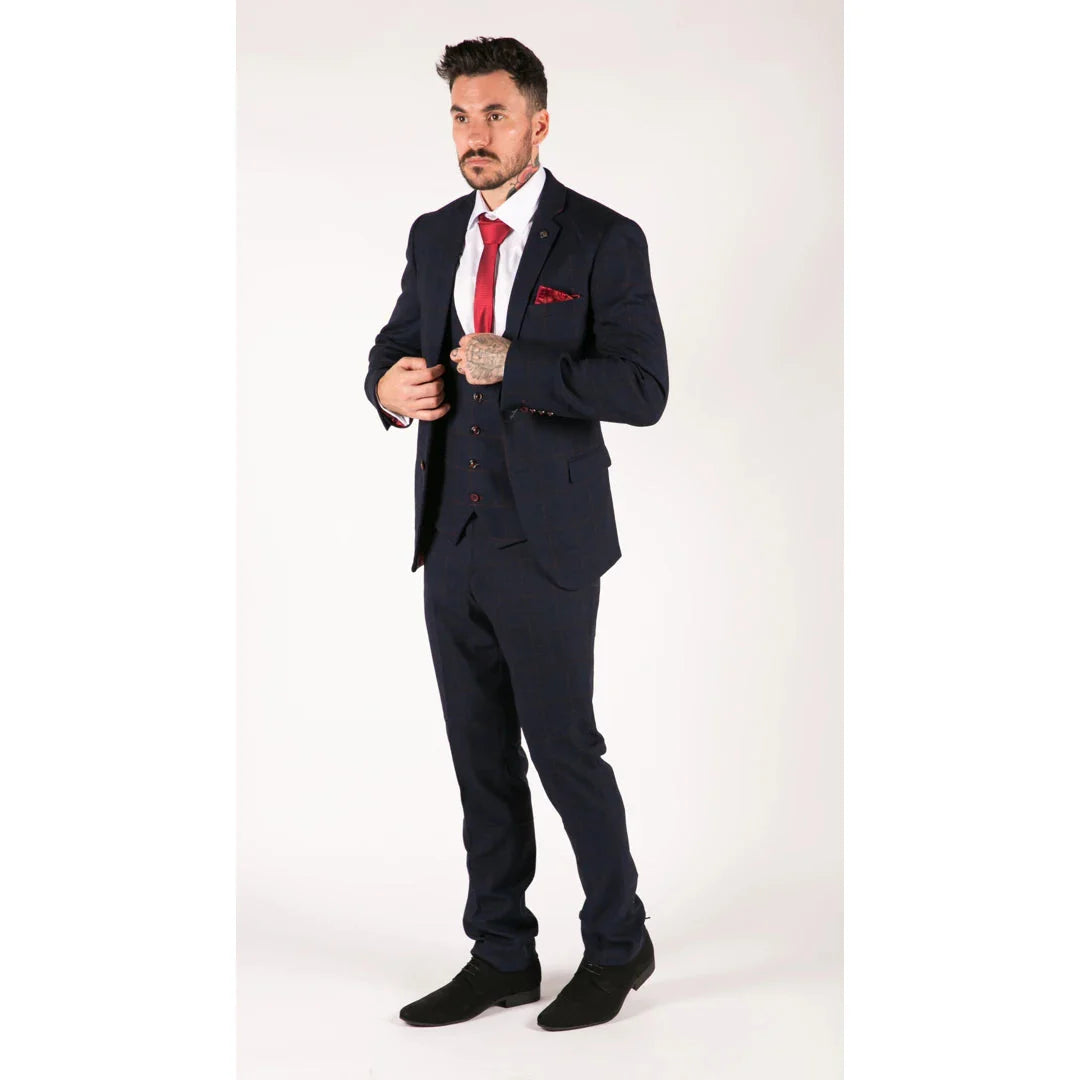 Abito da uomo a 3 pezzi con motivo a quadri blu navy, rosso Edinson Marc Darcy, classico vintage da sposa