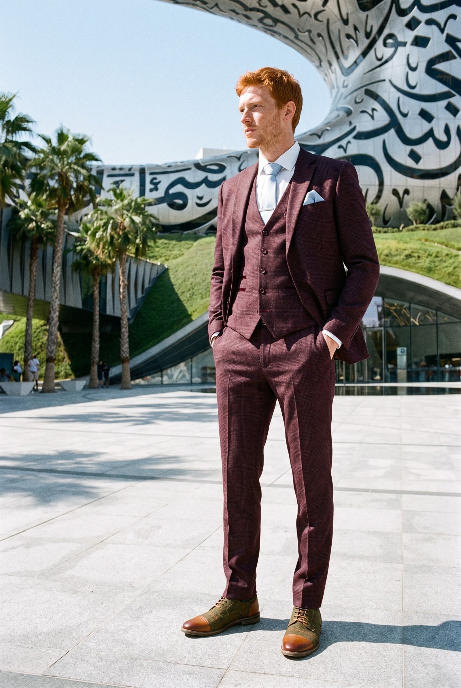 Look #286 styled with Regent - Abito da uomo a 3 pezzi in stile Principe di Galles color vino