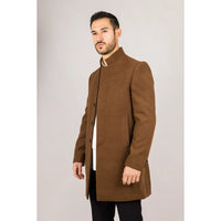 Men's Stand Collar Wool Blend Brown Overcoat