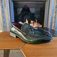 Men's Patent Tassel Slip On Green Loafers