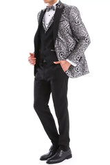 Mens Silver Floral Black Tuxedo Suit 3 Piece Wedding Prom Party Grooms Ceremony