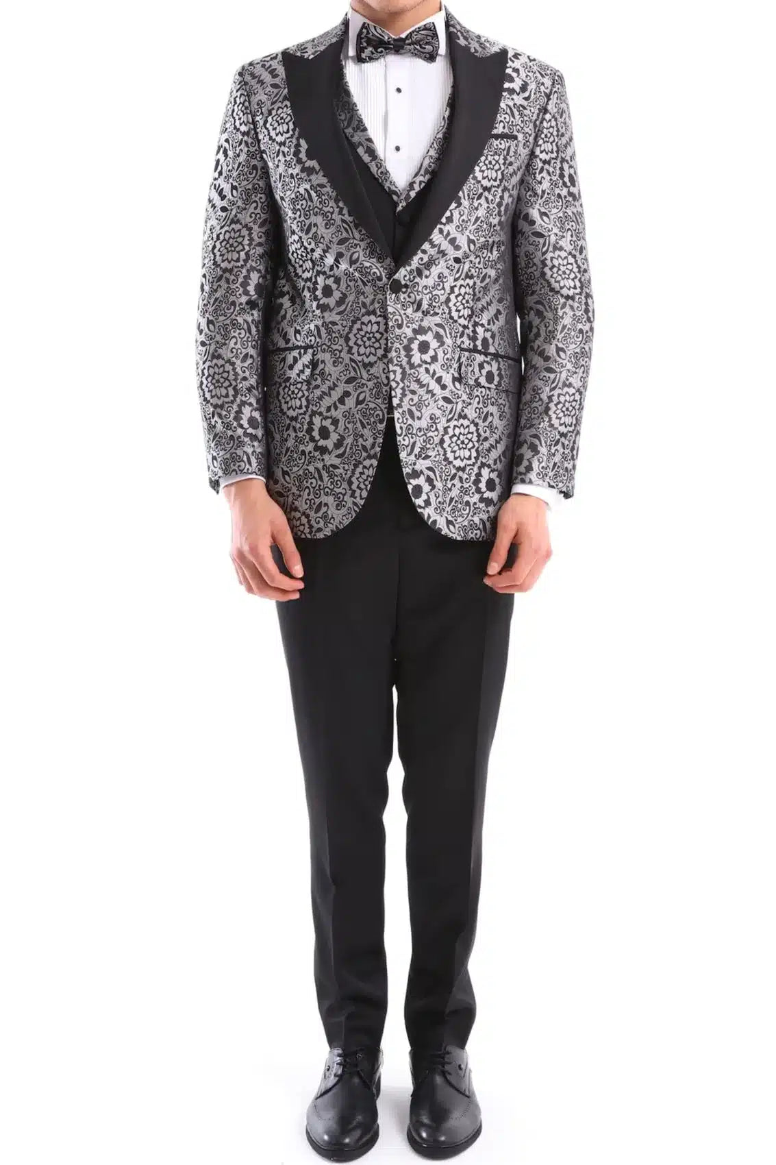 Mens Silver Floral Black Tuxedo Suit 3 Piece Wedding Prom Party Grooms Ceremony