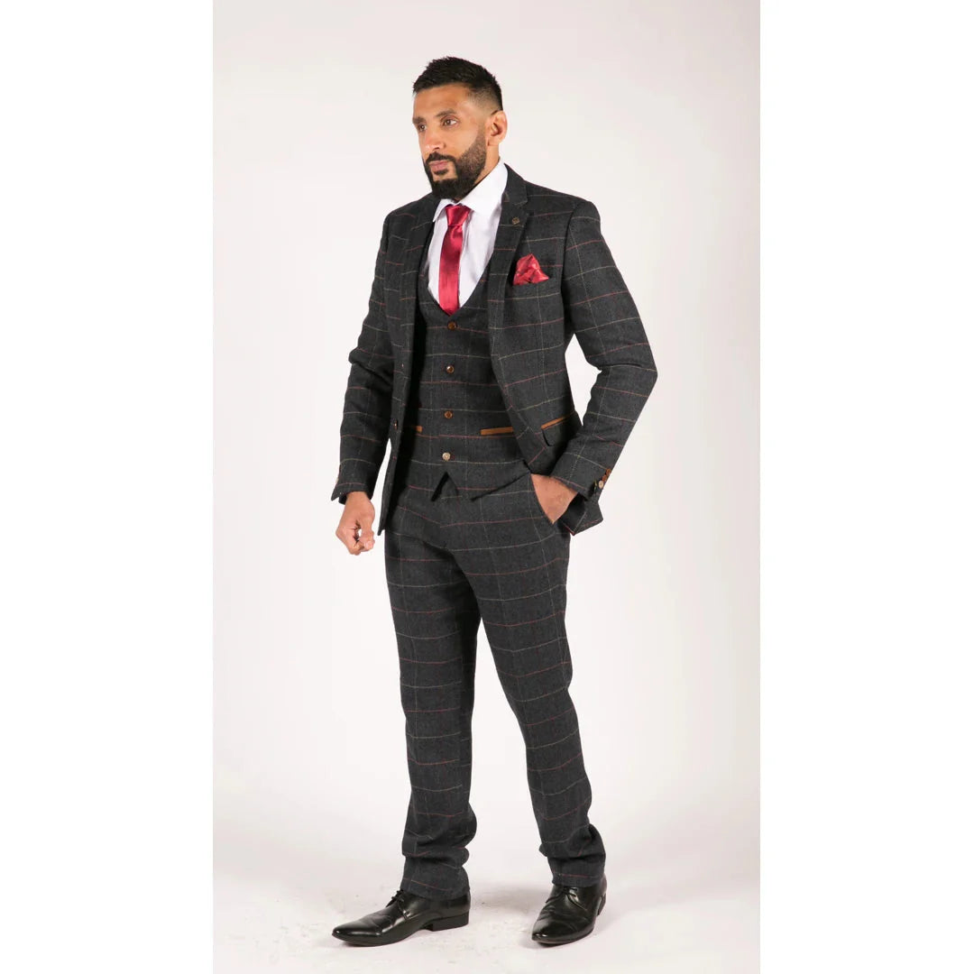 Abito da uomo in tweed a spina di pesce blu navy a quadri vintage, 3 pezzi, nuovo Marc Darcy