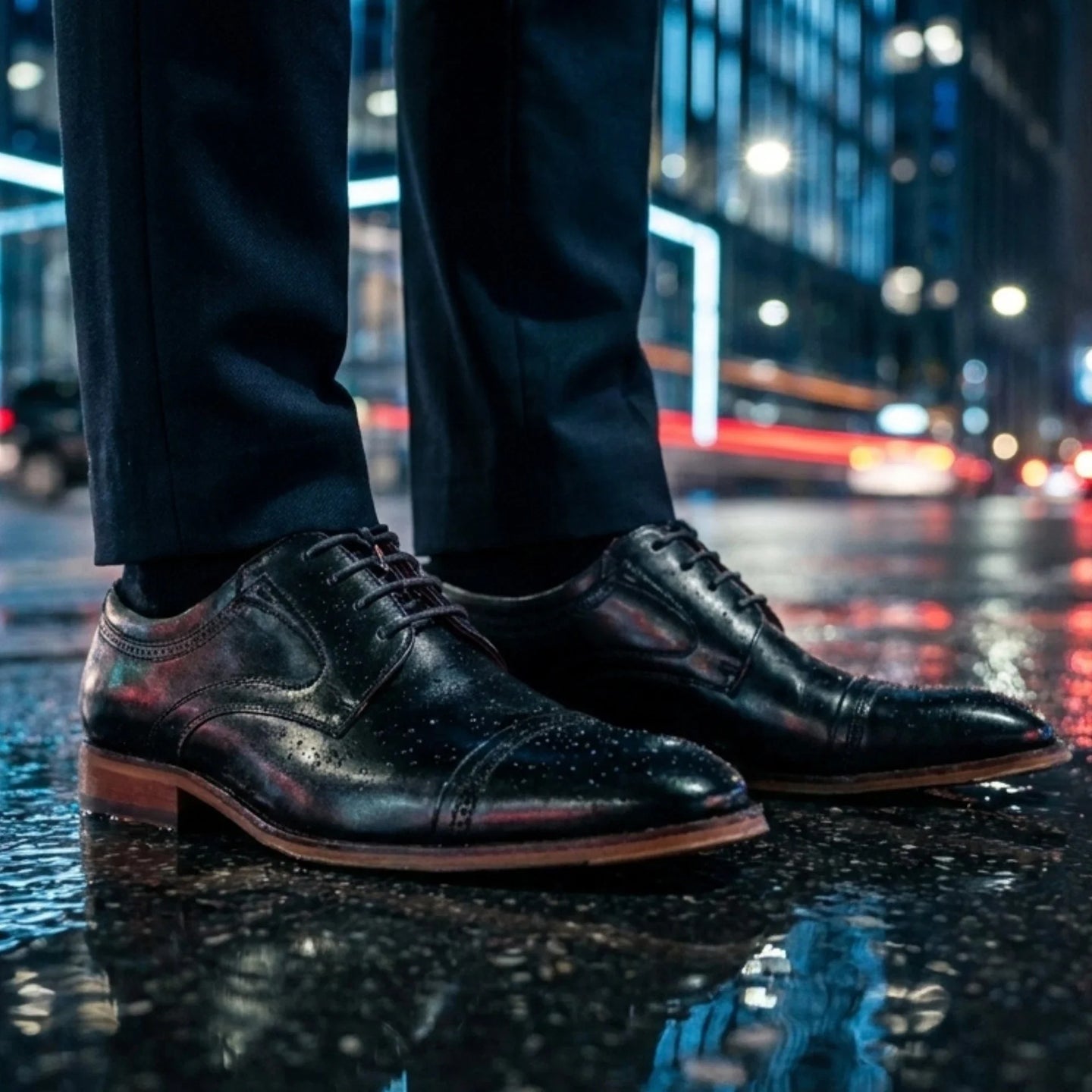 Everett - Scarpe Derby da uomo in pelle nera lucida con punta rinforzata
