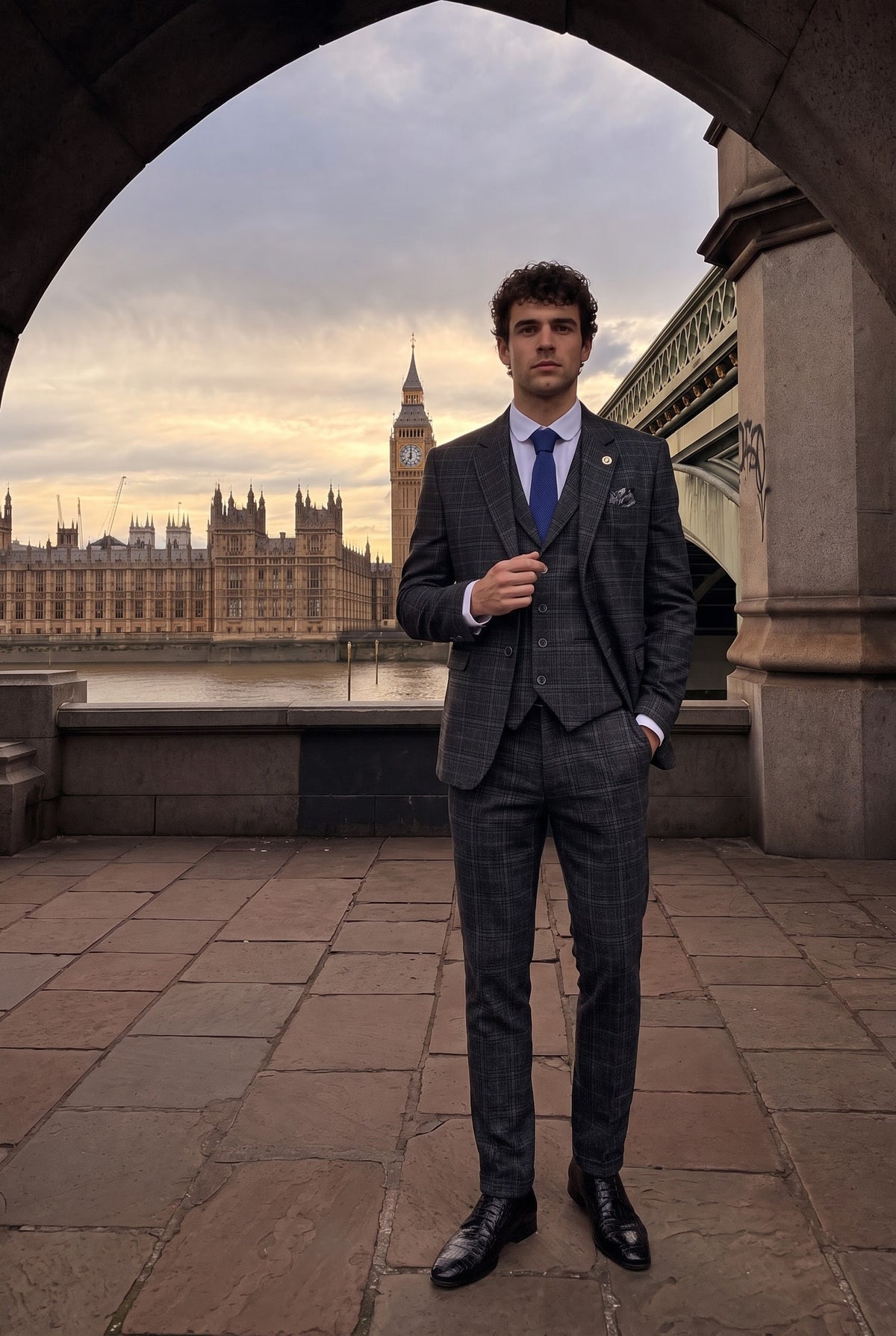 Look #323 styled with Abito da uomo a 3 pezzi con motivo tartan grigio