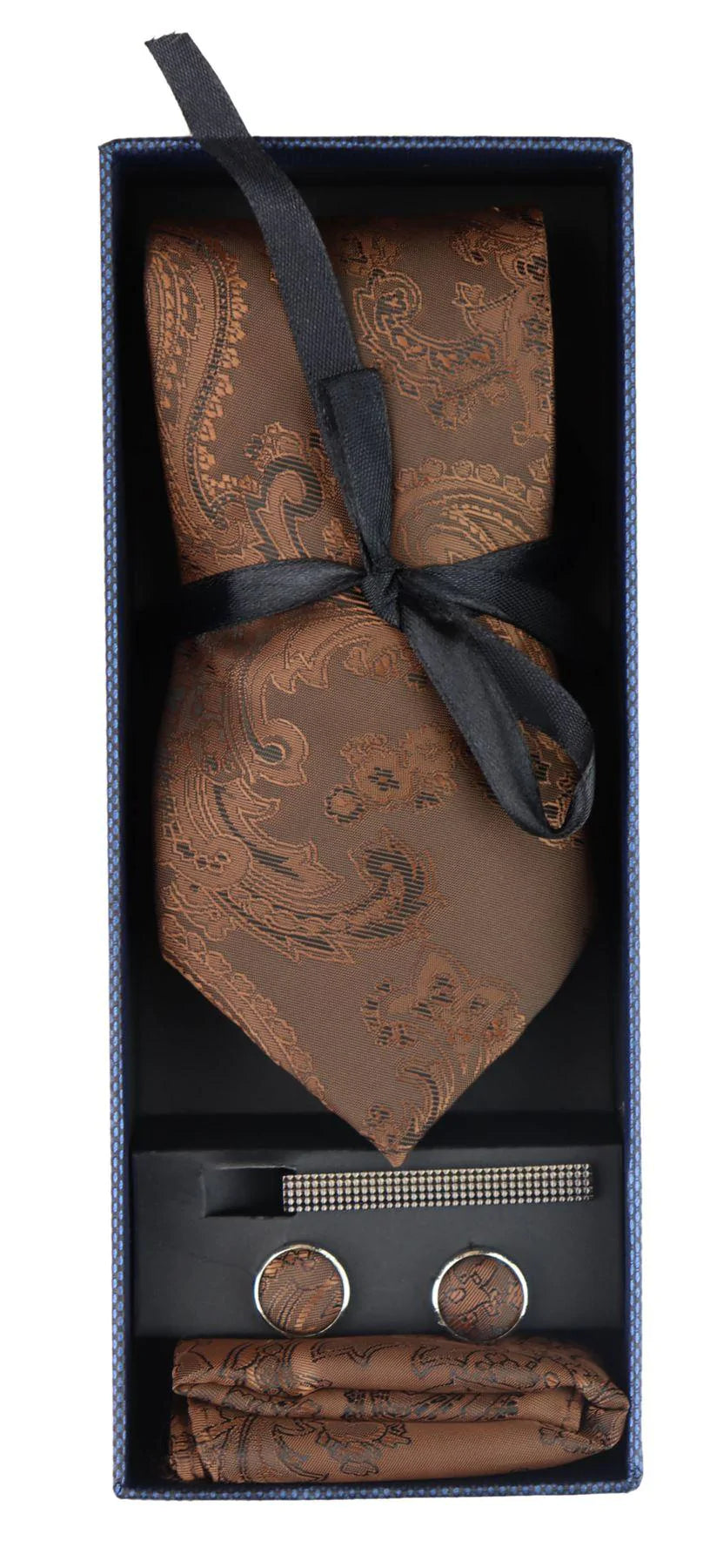 Paisley Neck Brown Tie Gift Set Pocket Square Cuff Links Tie Floral Satin