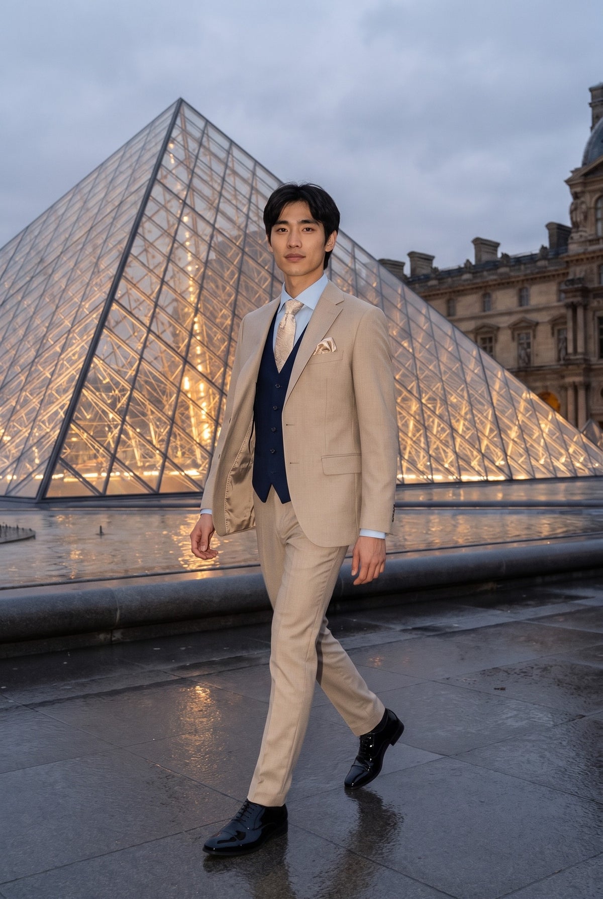 Look #1000 styled with Mayfair - Abito da uomo 3 pezzi color crema con gilet blu navy