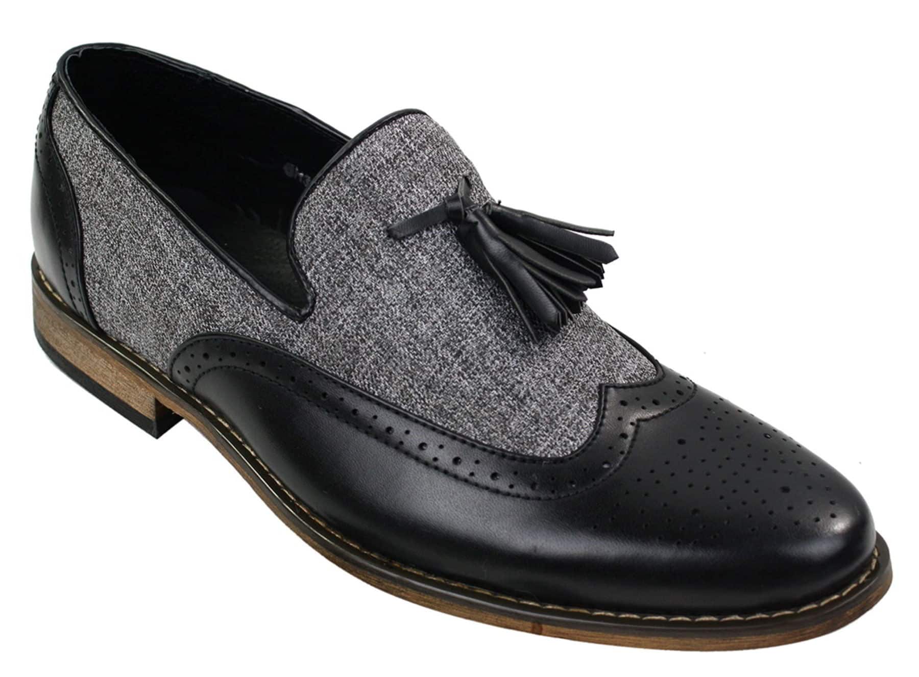 Mens Tweed & Leather Loafers Driving Shoes Slip On Tassle Design Vintage Retro