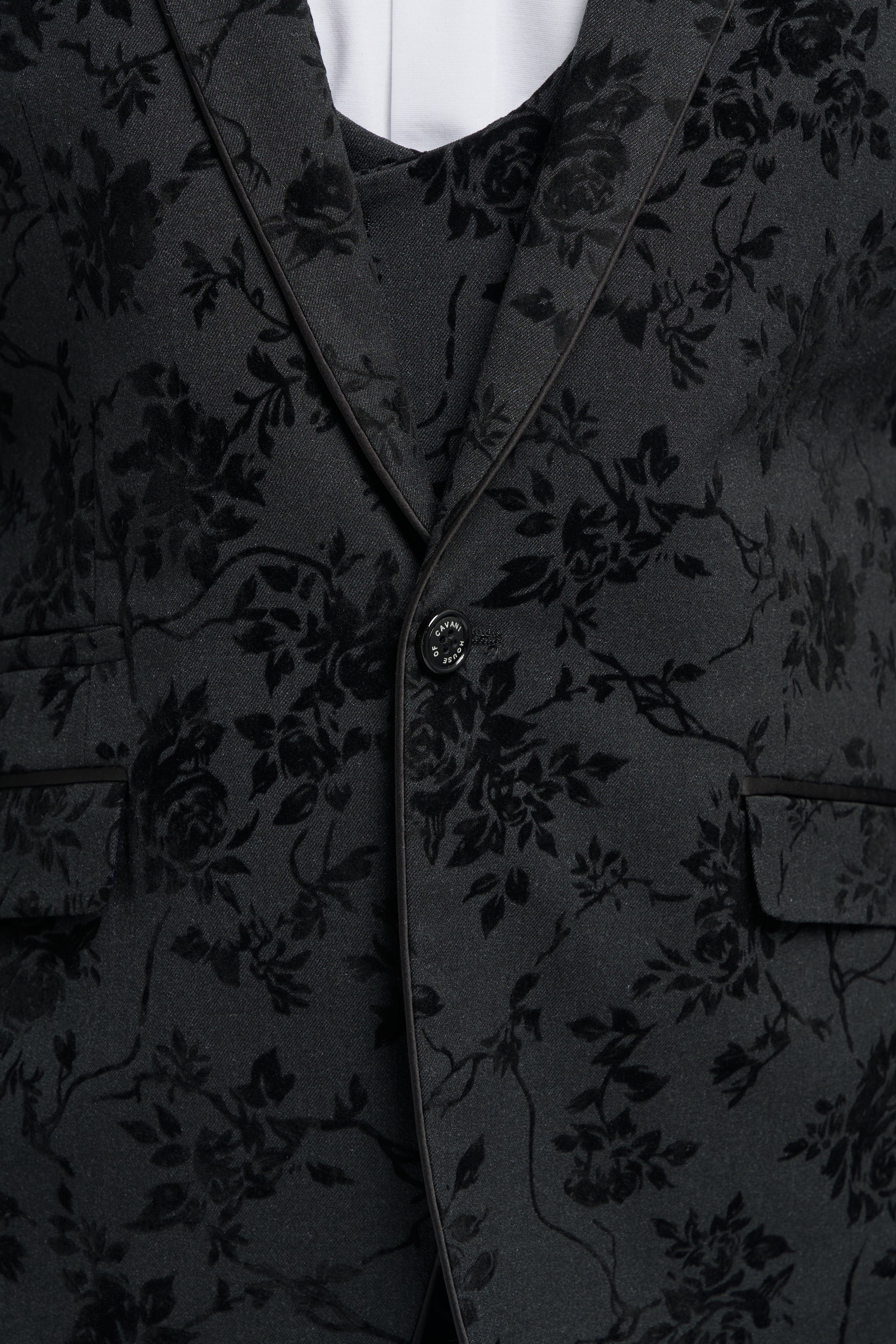 Abito da uomo in velluto nero con motivo paisley, 3 pezzi