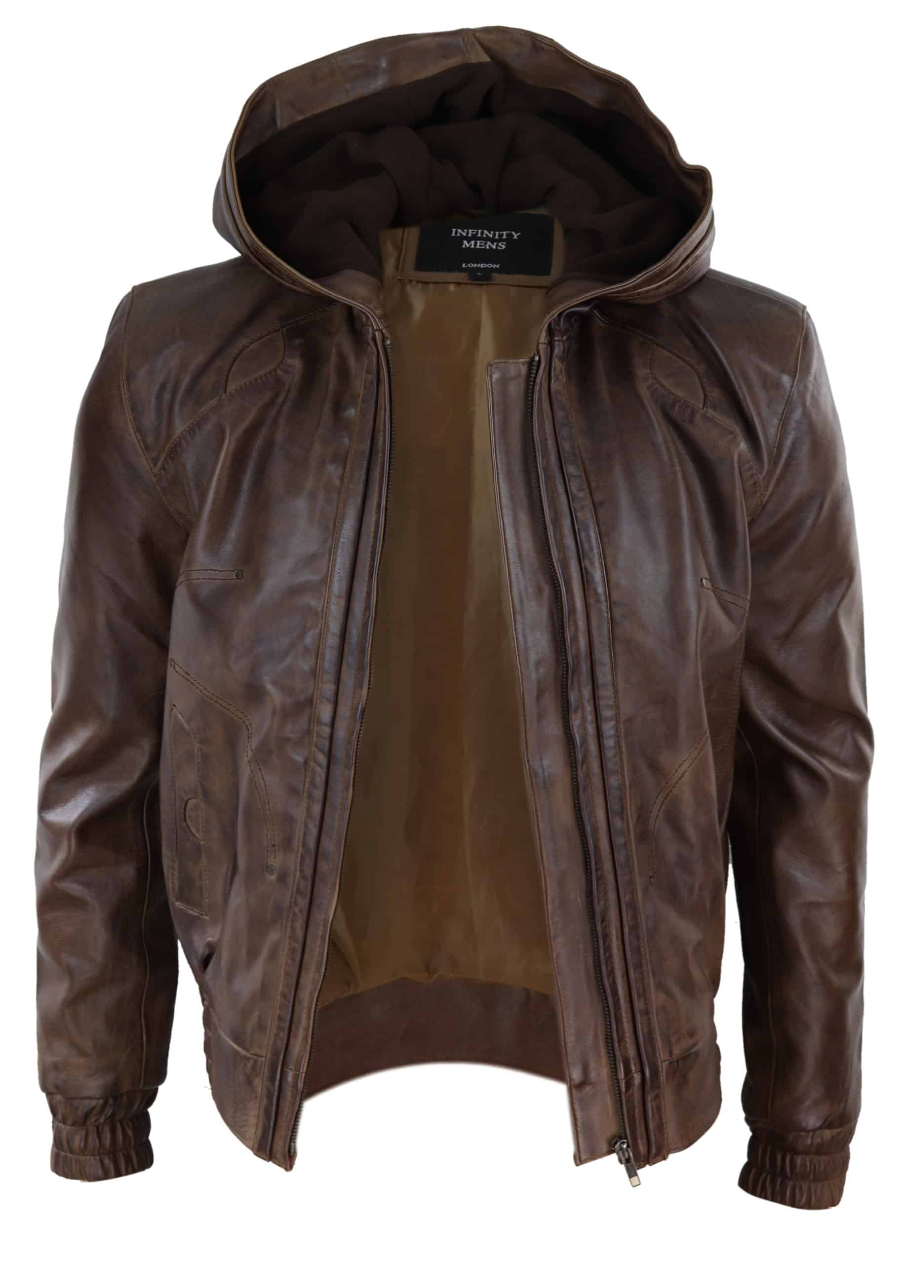 Mens Brown Leather Bomber Jacket with Hood
