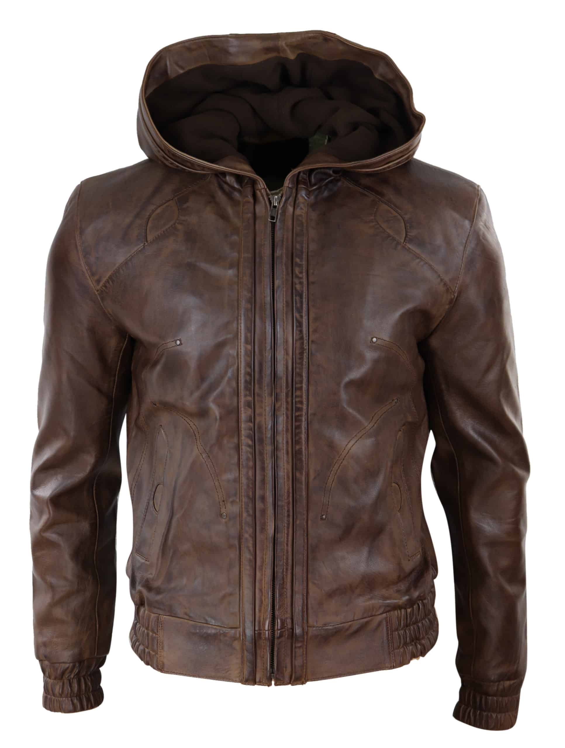 Mens Brown Leather Bomber Jacket with Hood
