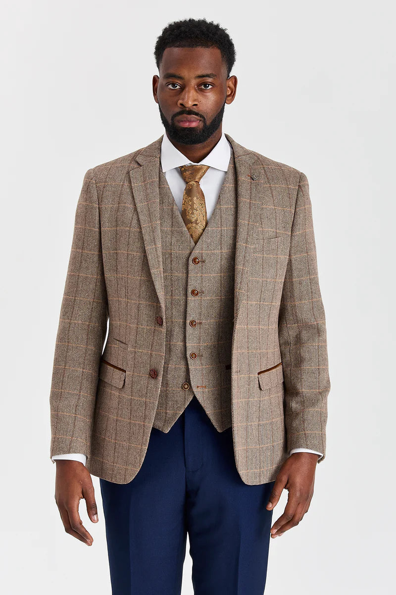 Abito in tweed Harris Brown con pantaloni blu navy Mayfair a contrasto