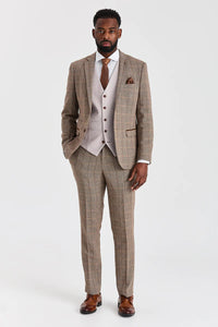 Abito in tweed Harris Brown con gilet color pietra Mayfair.