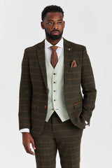 Abito in tweed a quadri verde Harris con gilet a contrasto color salvia Belmont.