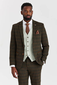 Abito in tweed a quadri verde Harris con gilet a contrasto color salvia Belmont.