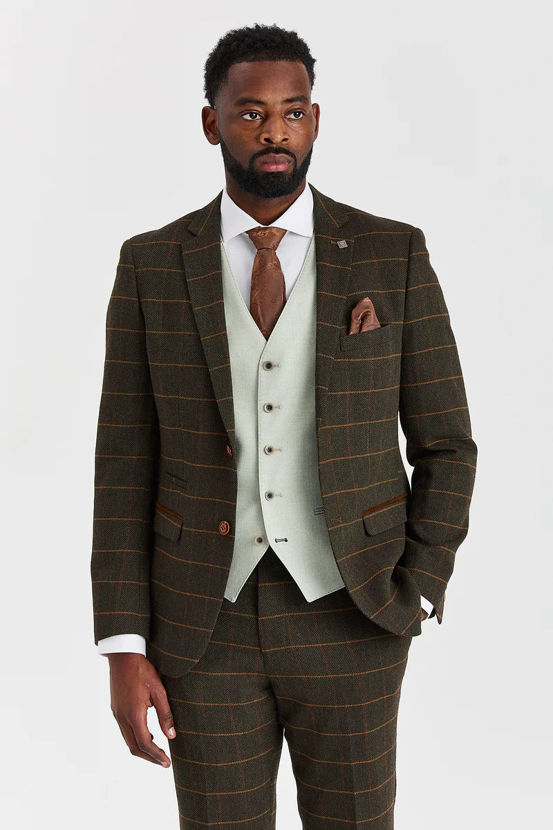 Abito in tweed a quadri verde Harris con gilet a contrasto color salvia Belmont.