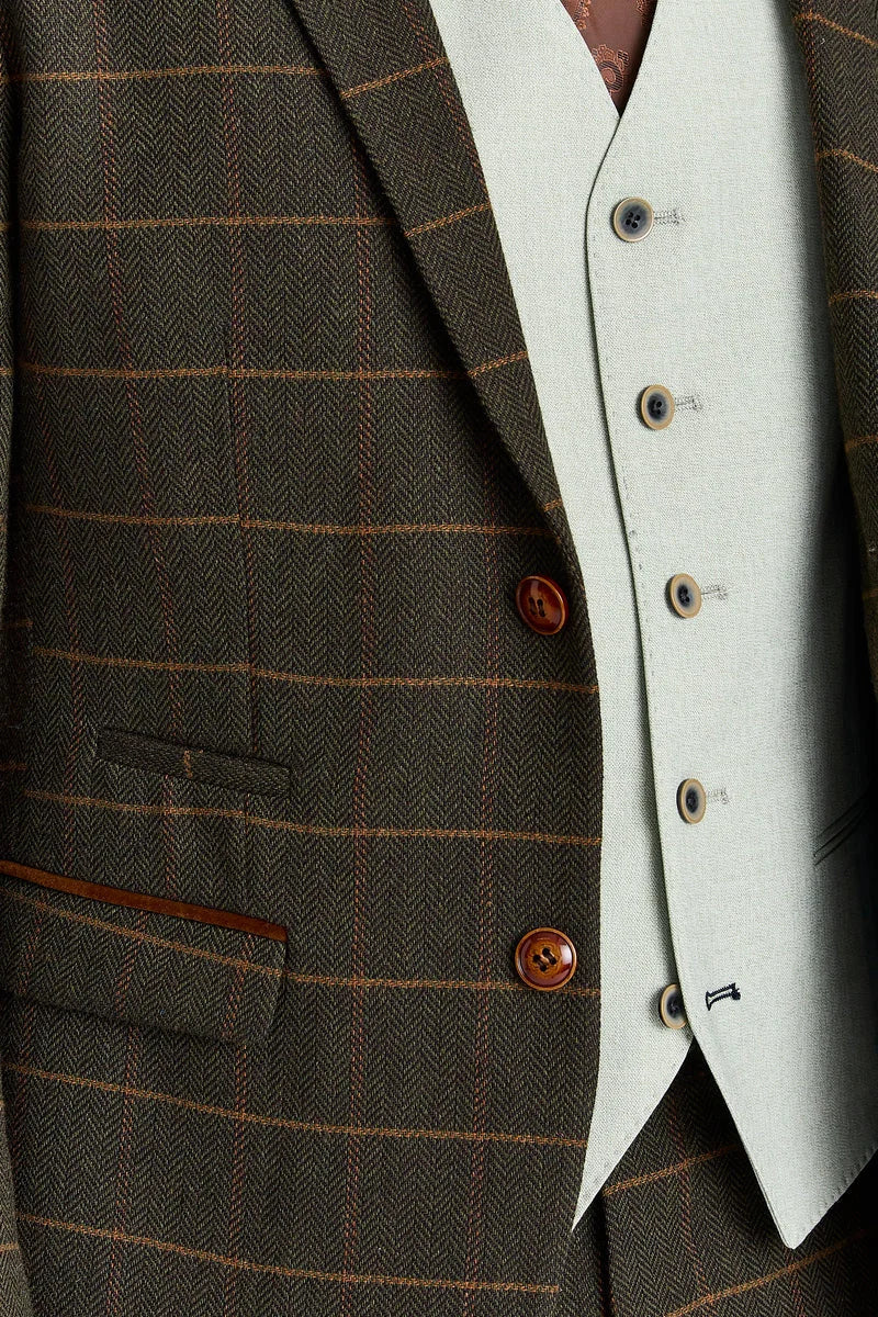 Abito in tweed a quadri verde Harris con gilet a contrasto color salvia Belmont.