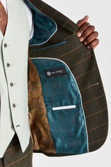 Abito in tweed a quadri verde Harris con gilet a contrasto color salvia Belmont.