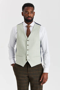 Abito in tweed a quadri verde Harris con gilet a contrasto color salvia Belmont.